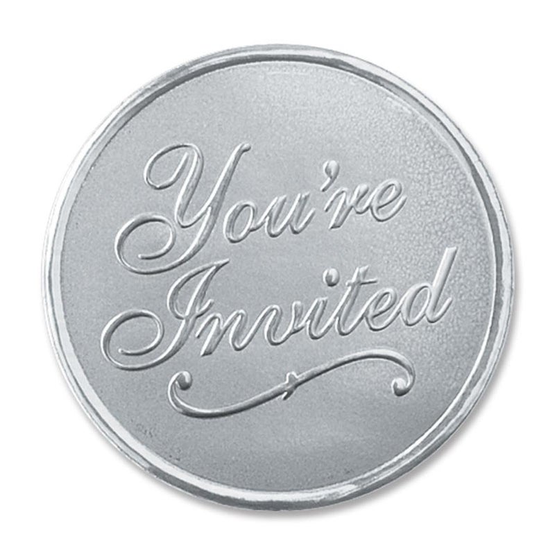 PaperDirect Silver You're Invited Round Embossed Foil Seals, 48 Count - Image 1